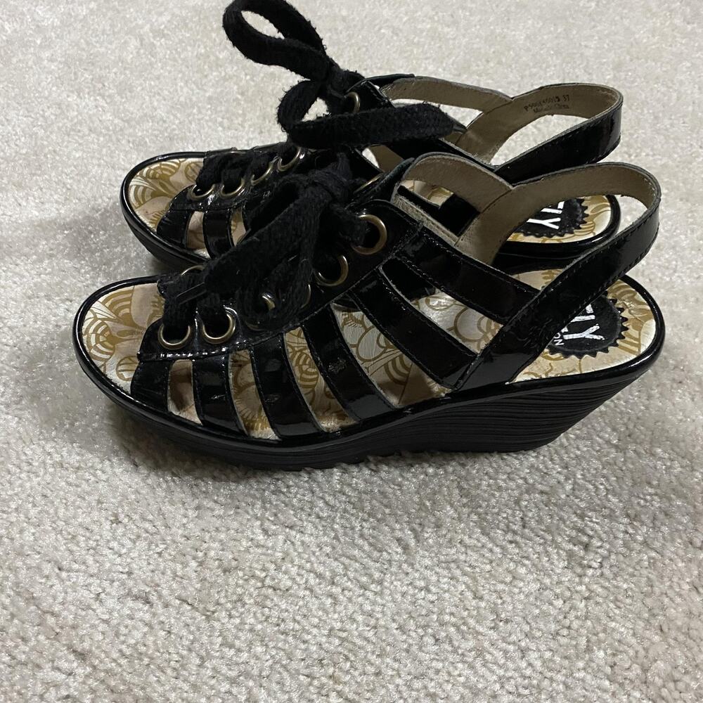 FLY London Sandals Womens 7 Black Patent Leather Lace Up Wedge Platform Strappy